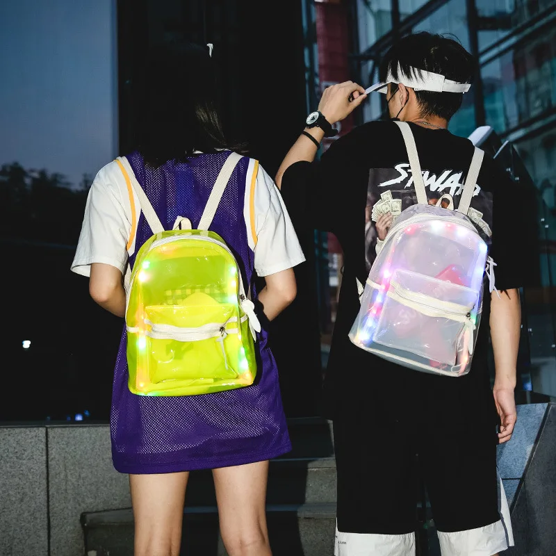 LED light transparent backpack women bag flash waterproof girl back