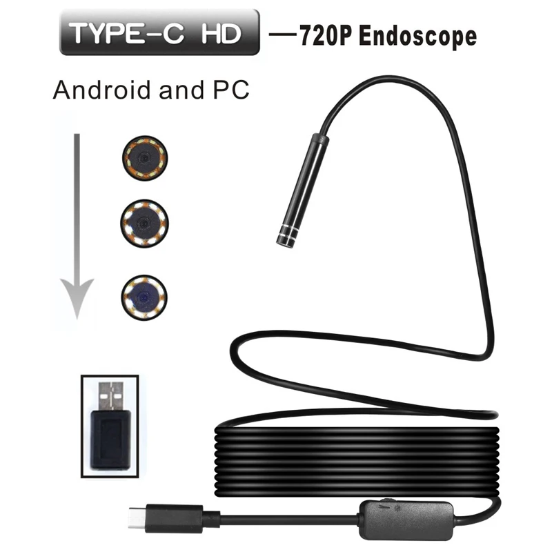 

Waterproof Security HD 720P 5.5mm 6 LEDs Android TYPE-C USB Endoscope Inspection Camera Snake-Flexible Borescope Camera Monitor