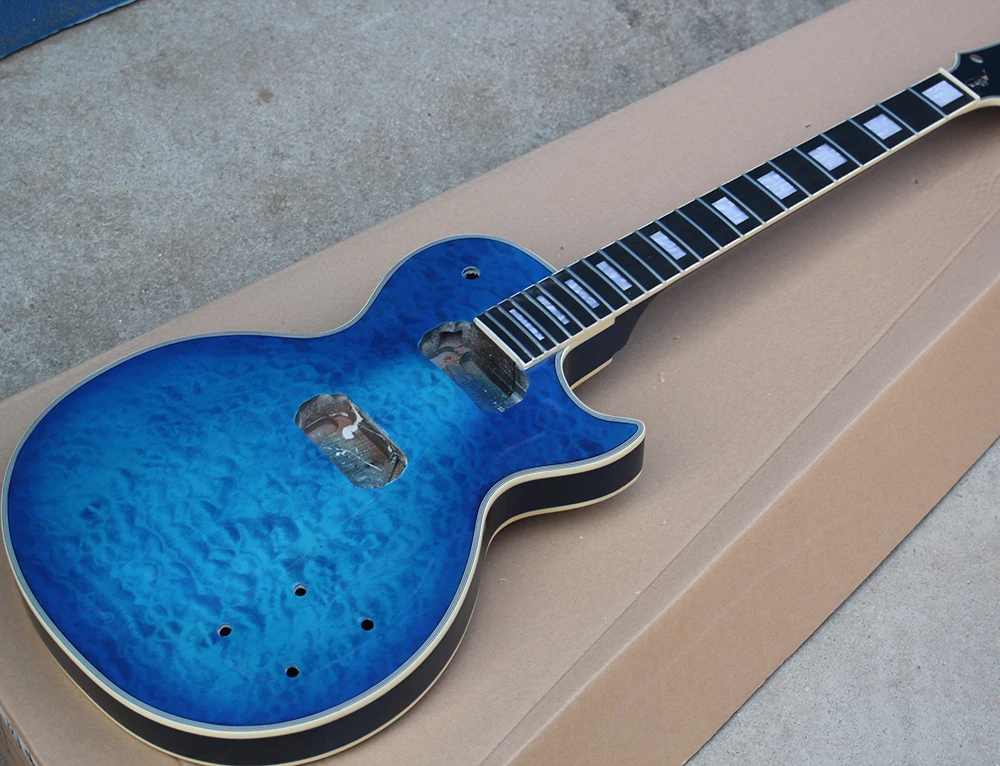 

Factory Custom Semi-finished Blue Electric Guitar Kit(Parts) with Rosewood Fretboard,Flame Maple Veneer,Offer Customized