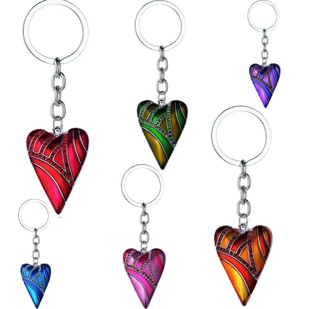 Enamel Heart Charm Keychain Key Ring Crystal Rhinestone Women Girl
