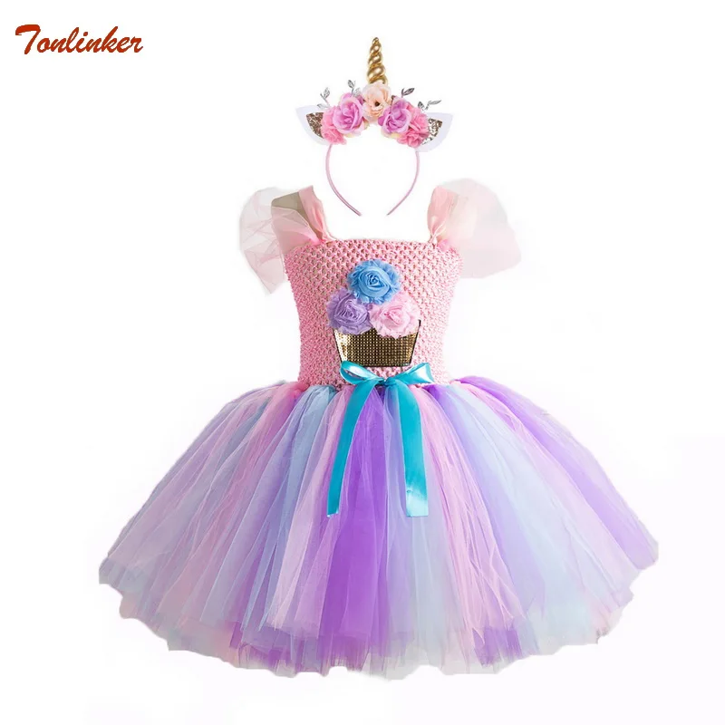 

Girl Unicorn Party Dress Rainbow Kids Dresses For Girls Rapunzel Costume With Headband Birthday Halloween Unicorn Costume New