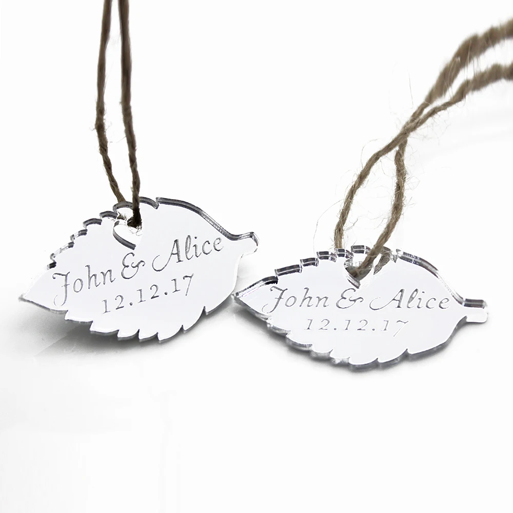 

10pcs Personalized Engraved Silver Mirror Wedding Tags Mini Leaves Tags Wine Gift Tag With Jute String Decoration Favors