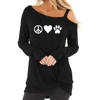 

2019 Fashion T-Shirt for Women DOG PAW Animal Print Long Sleeve Oblique Shoulder Harajuku Plus Size Female Women Tops Graphic