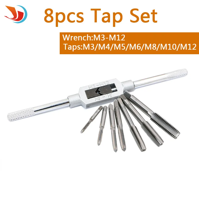 

8pcs/Set Hand Screw Thread Metric Plug Tap Straight Slot Machine Tap Wrench M3-M12 With Adjustable Tap Wrench Tool Suite