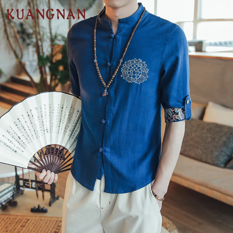 

KUANGNAN Chinese Style Embroidery Men Shirt Cotton Linen Streetwear Men Shirts Casual 5XL White Shirt Men Fashions 2019 New