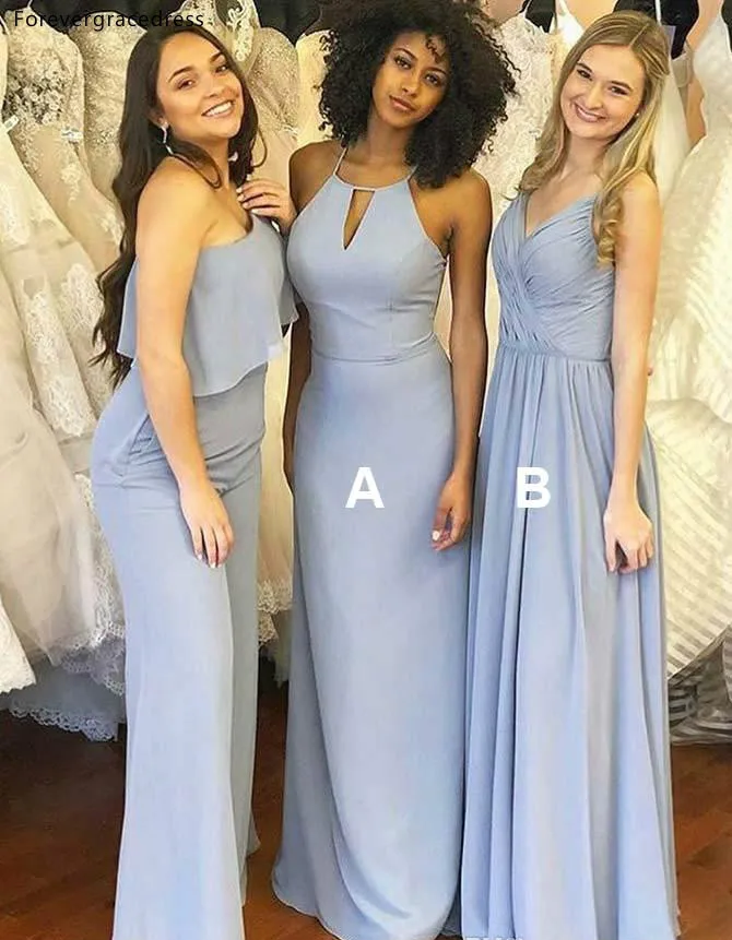 2019 Sky Blue Chiffon Bridesmaid Dresses Mixed Styles Sleeveless Floor Length Plus Size Maid of Honor Gown BM0199  75