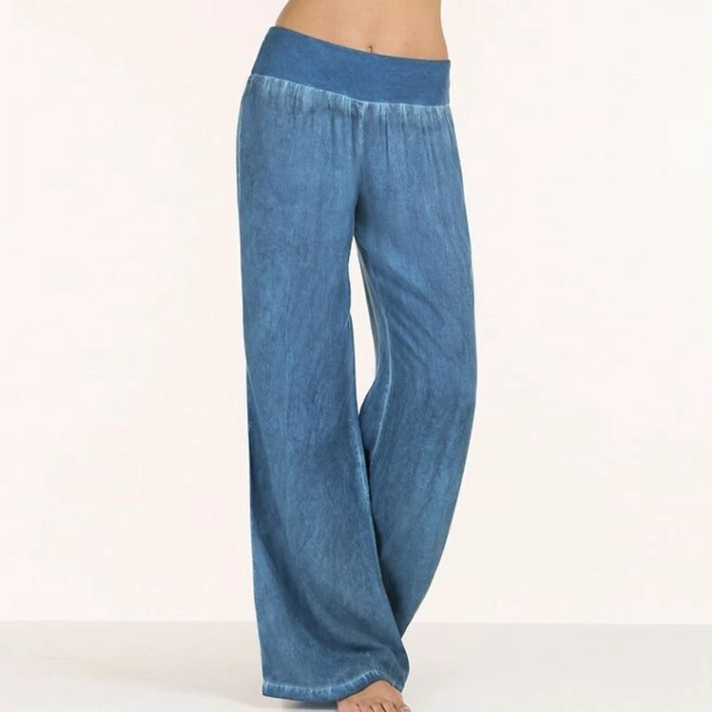 Женские брюки, повседневные, селмия, джинсовые, широкие, эластичные, высокая талия, брюки, женская одежда, брюки, Палаццо размера плюс - Цвет: Синий