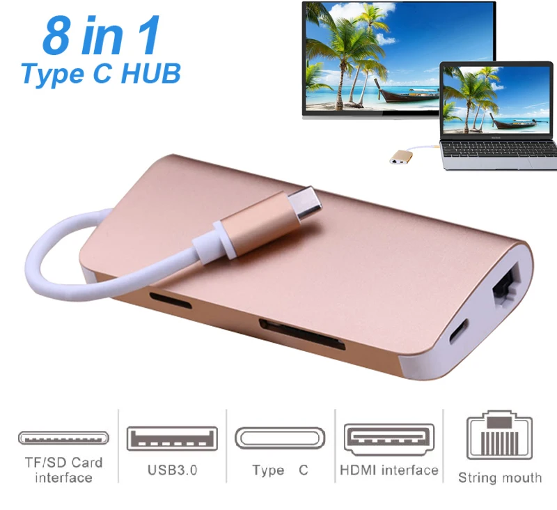 8 in 1 USB C HUB Type C to 3 USB 3.0 HDMI TV Video Adapter RJ45 Ethernet Network SD SDHC TF Card Reader Converter For Macbook 8 in 1 USB C HUB Type C to 3 USB 3.0 HDMI TV Video Adapter RJ45 Ethernet Network SD SDHC TF Card Reader Converter For Macbook