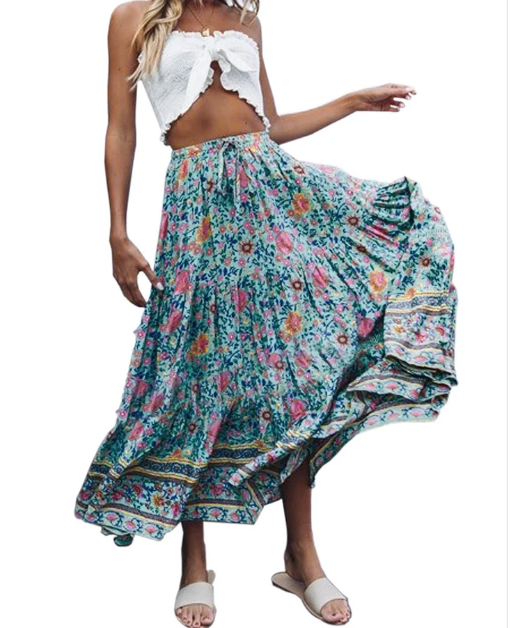 Летние юбка в стиле бохо Высокая талия с цветочным принтом для женщин юбки для мода 2019 повседневное Elascity плиссированные ЮБК