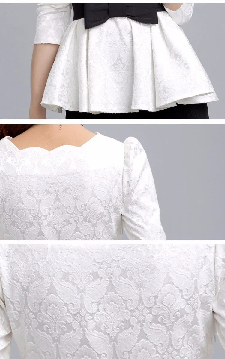Осенне-зимняя корейская модная белая/Черная Кружевная блуза с длинным рукавом, Женская Повседневная Туника, рубашка, женские элегантные топы с баской 0494