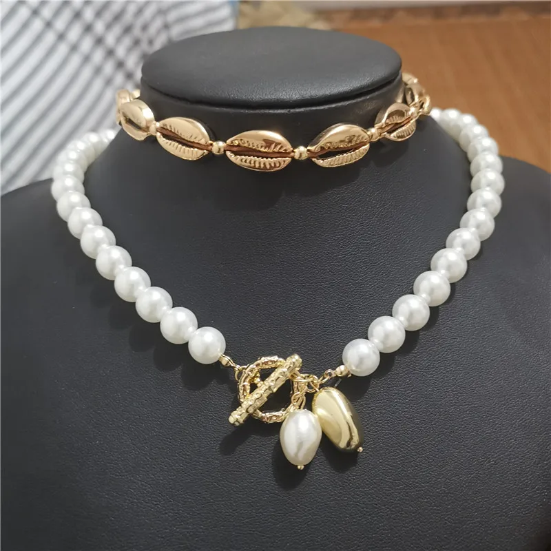 Declaración de mujer de oro con Cuentas Perlas de Imitación Cristal Gargantilla Collar /& Pulsera