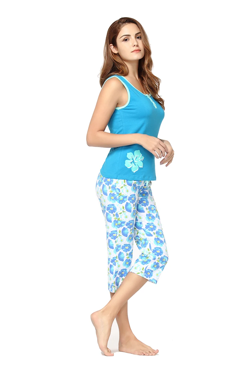 Женская летняя одежда для сна, комплект из хлопка, пикантные пижамные наборы, шорты, Капри, без рукавов, с цветочным принтом, ночное белье, Femme, пижамный комплект