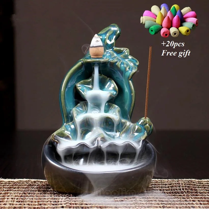 Green Glaze Ceramic Gourd Lotus Waterfall Incense Burner Stick Holder