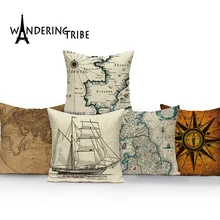 World Map Cushion Cover Europe Retro Ship Home Sofa Decor Pillow Cover Pillowcase Car Cushions Polyester Throw Pillow Case retro world map pattern flax square shape pillowcase without pillow inner