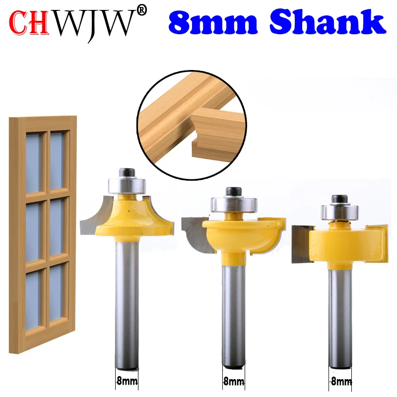  CHWJW 3PC 8mm Shank Glass Door Router Bits Round-Over Bead Set w/ cutter Tenon Cutter for Woodworki