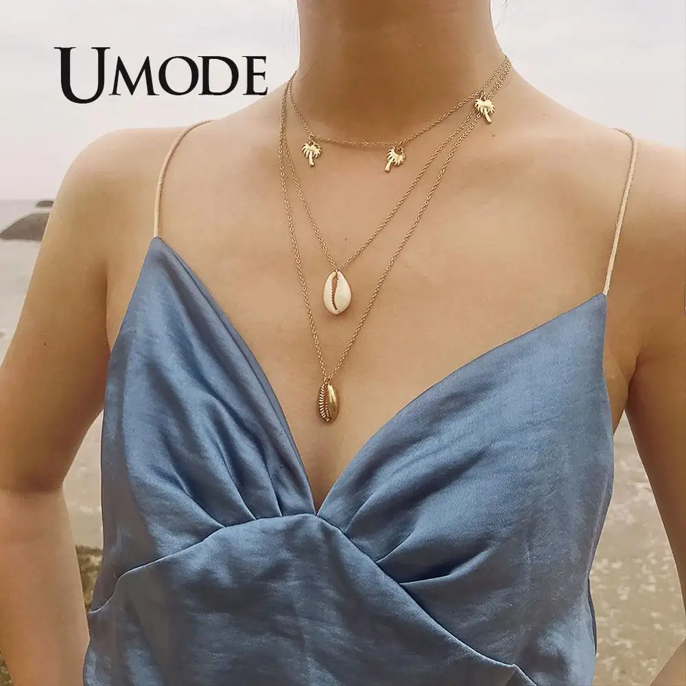 

UMODE Vintage Fashion Layed Conch Shell Necklace For Women Gold Color Long Pendant Seashell Ocean Beach Boho Jewely UN0371