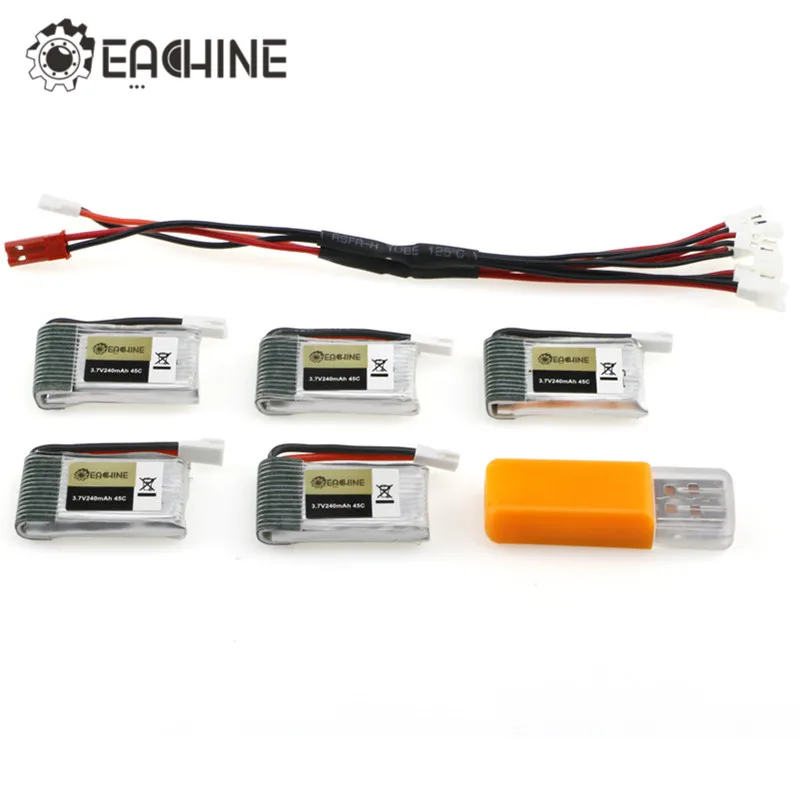 Горячая Распродажа: 5 шт. Eachine E010S 3,7 V 240 мА/ч, 45C сменная батарейка комплект зарядного устройства USB запасные части для радиоуправляемого квадрокоптера Запчасти
