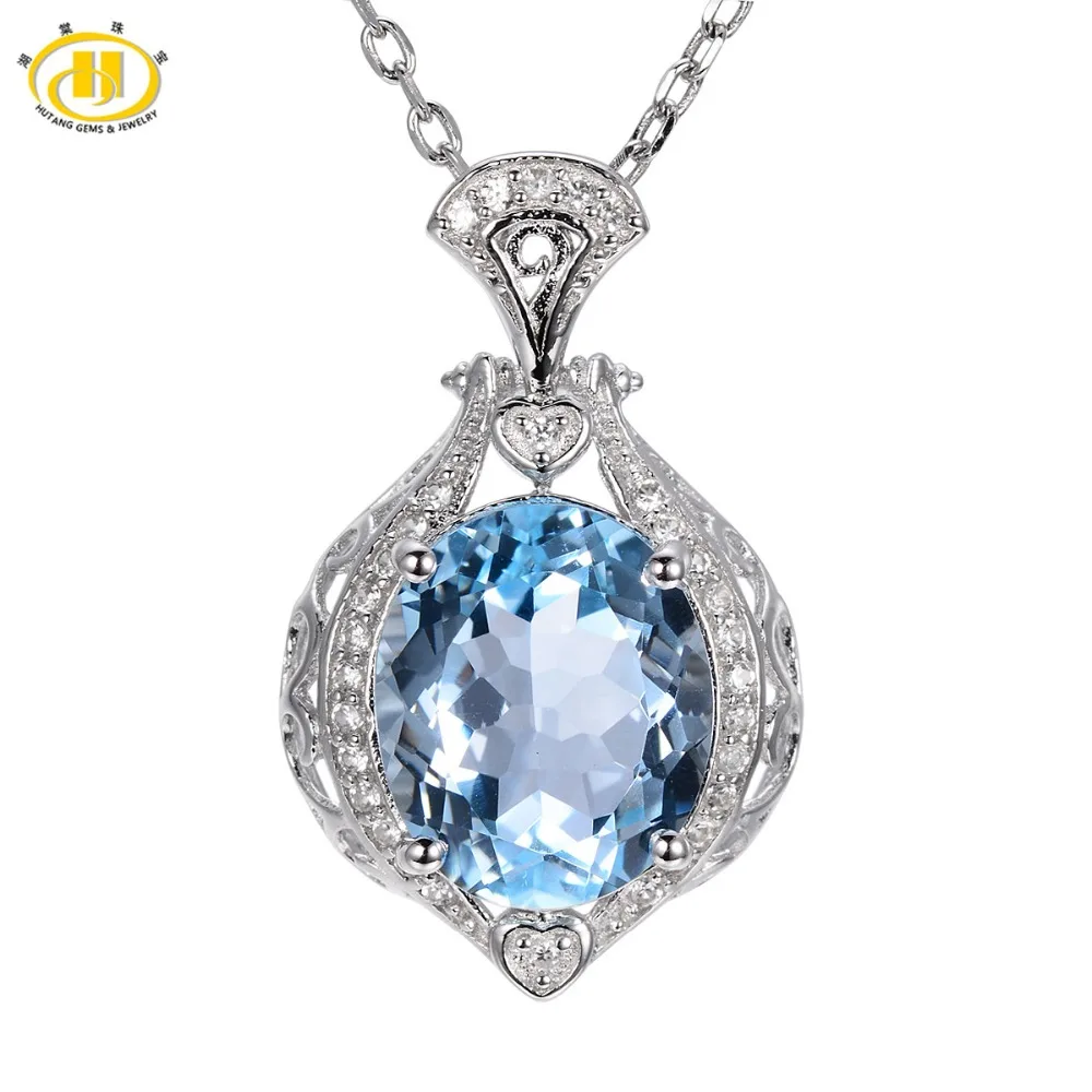 Hutang 5.84ct Natural Blue Topaz Pendant Solid 925 Sterling Silver