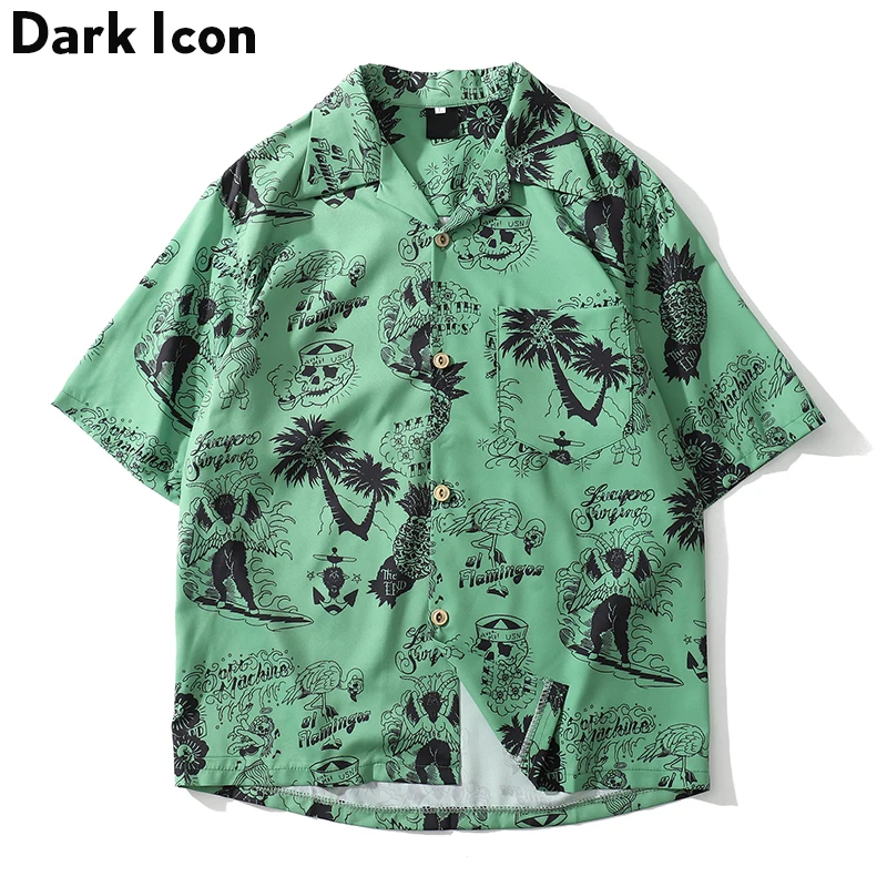 Dark Icon Skeleton Full Printed Retro Shirt Men Summer Street Men's Shirts Short Sleeved Shirts for Men Green White