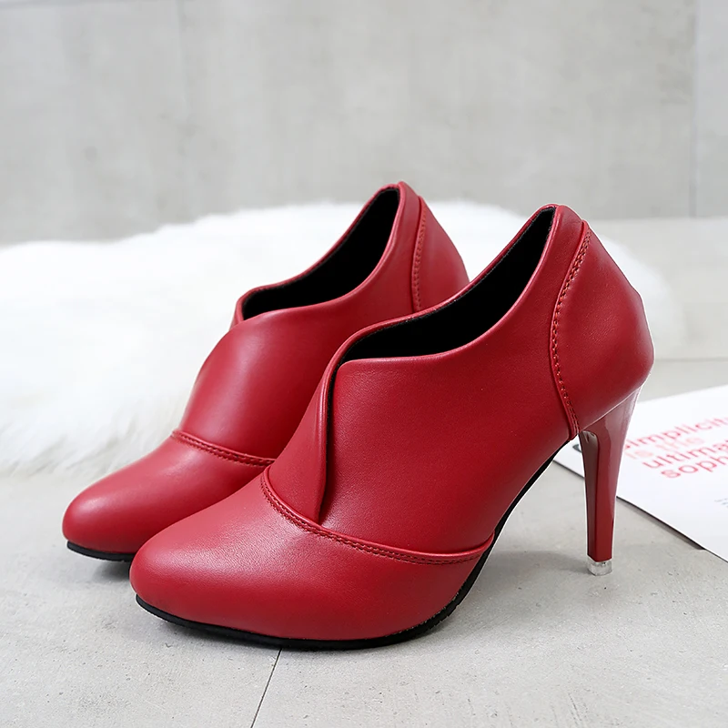 

Pointed Toe Women Boots High Heels Basic Winter Shoes Woman Autumn Casual Stiletto Slip On Plus Size Ankle Boots Black Red