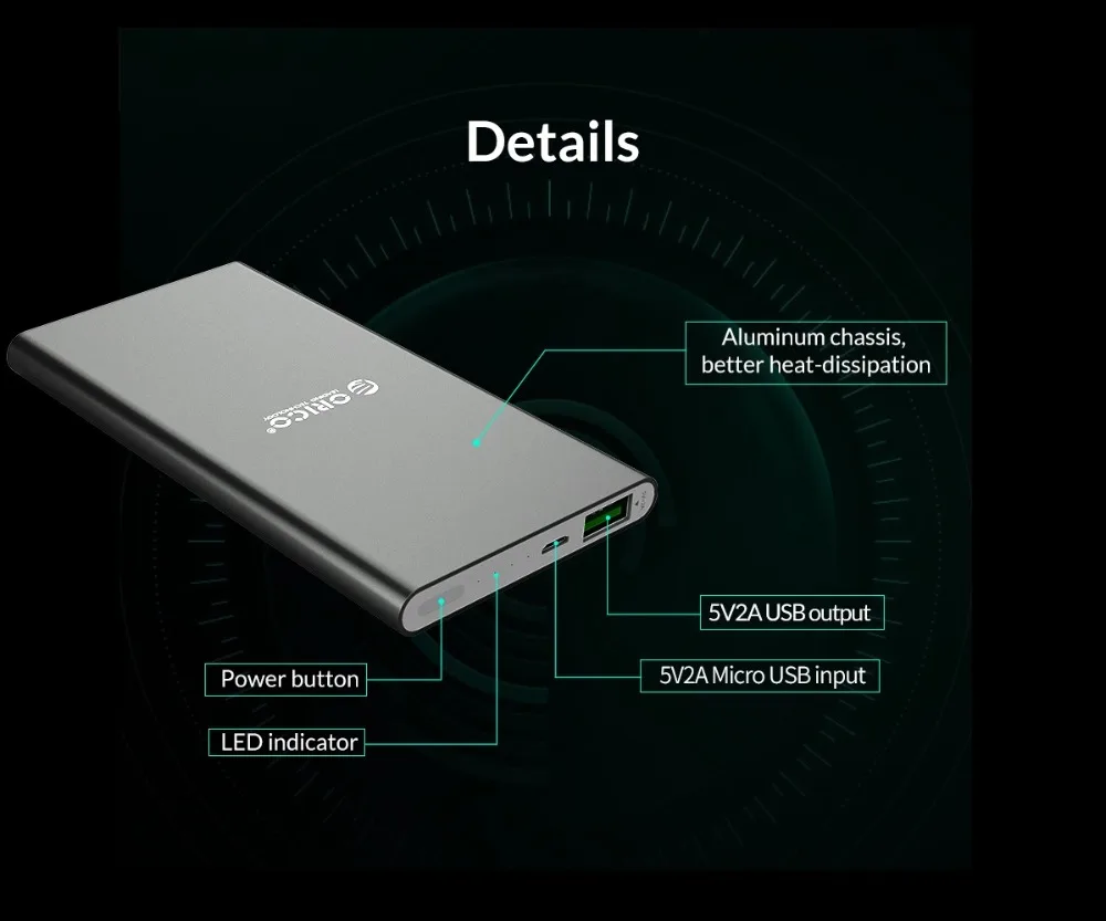 ORICO, 5000 мА/ч, внешний аккумулятор, алюминиевый тонкий светодиодный индикатор, внешний аккумулятор, портативное зарядное устройство для iPhone X, Xiaomi, huawei