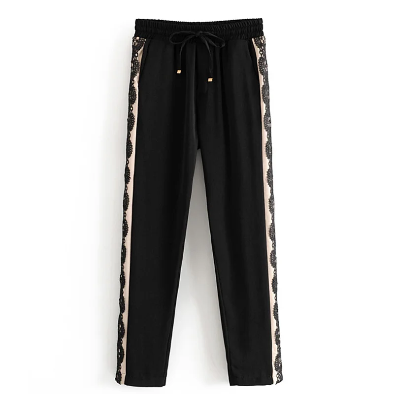 

Fandy Lokar Lace Elastic Waist Pants Women Fashion Ankle Length Trousers Women Elegant Tie Belt Pants Female Ladies