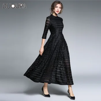 

European and American early autumn new style high waist and self-cultivation temperament retro hollow lace dress