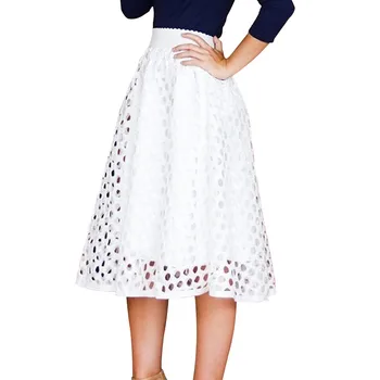 

Women Hollow Out Mesh Skirt Black White Elastic Waist Skirt Elegant High Waist Midi Skirt