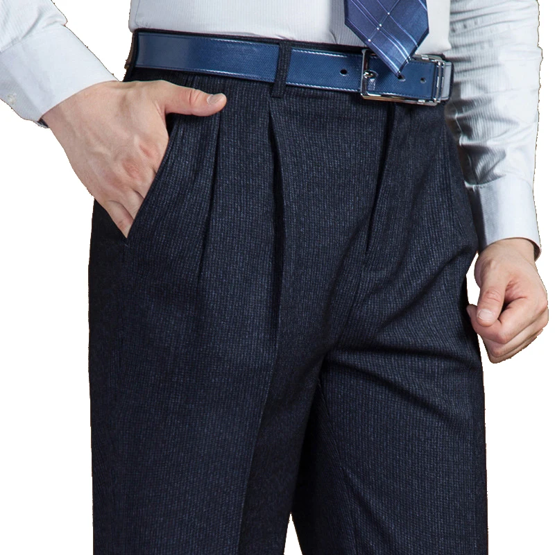 Autumn Winter Thick Double Pleated Dress Trousers for Men High Waist Loose Business Casual Suit Trousers
