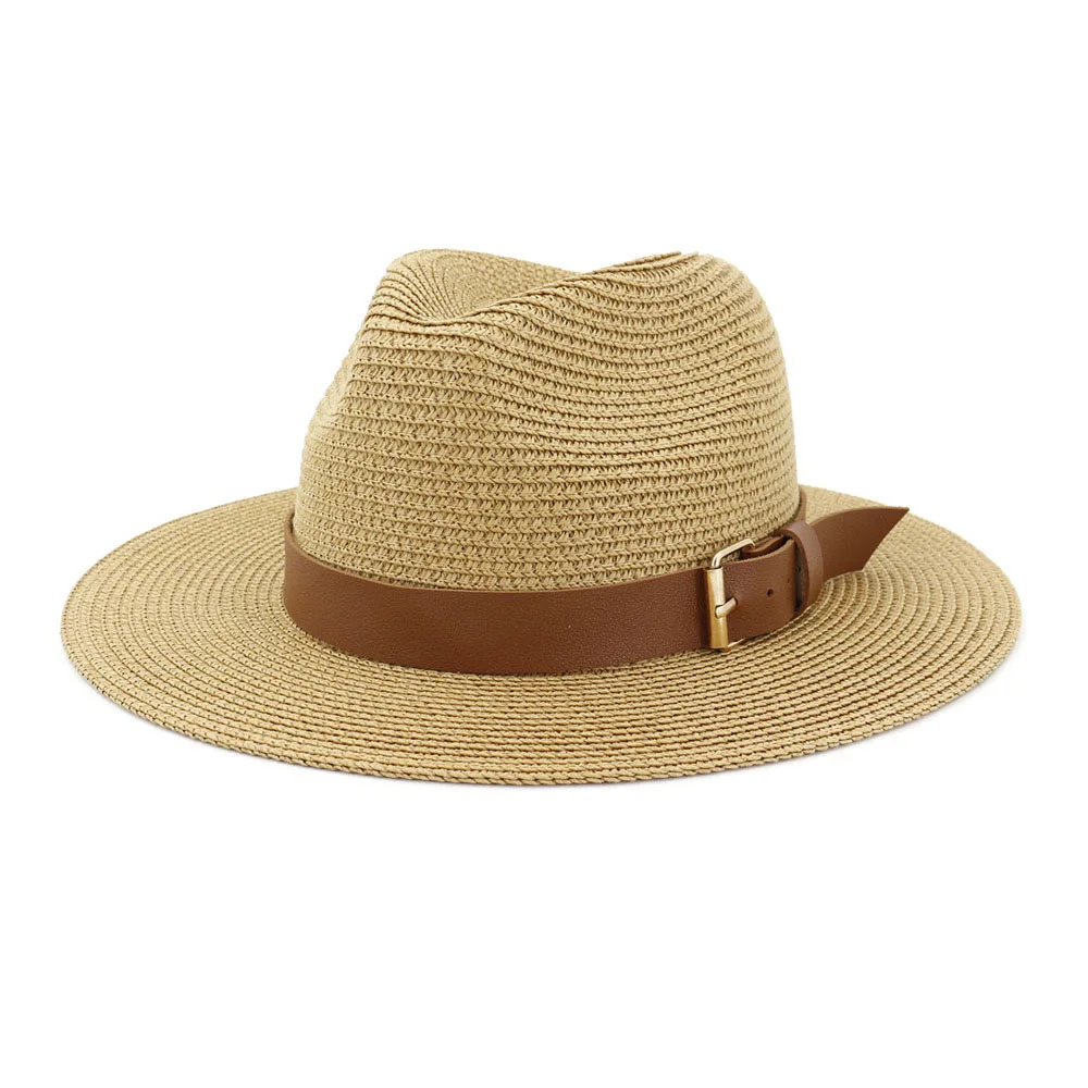 

Summer Hat Women Panama Straw Hat PU Leather Fedora Beach Vacation Wide Brim Visor Casual Sun Hats for Lady Sombrero