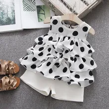 Нарядное платье без рукавов с оборками в горошек для маленьких девочек, жилет топы+ однотонные шорты комплект из 2 предметов, одежда для маленьких девочек