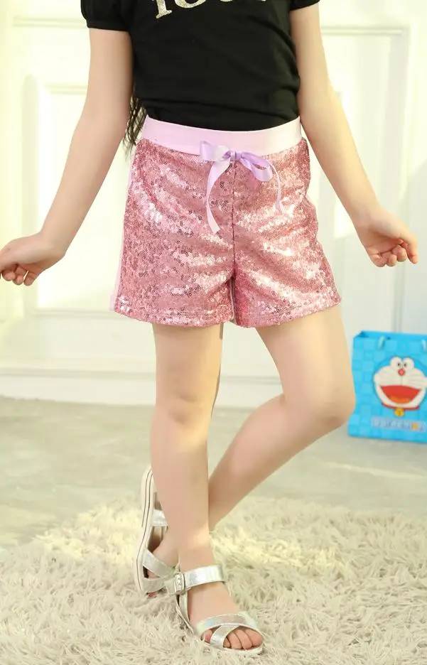 Модные блестящие блестками обувь для девочек летние хлопчатобумажные шорты детские мини бермуды высокая Талия Вечерние Детские вечерние шорты брюки - Цвет: Pink