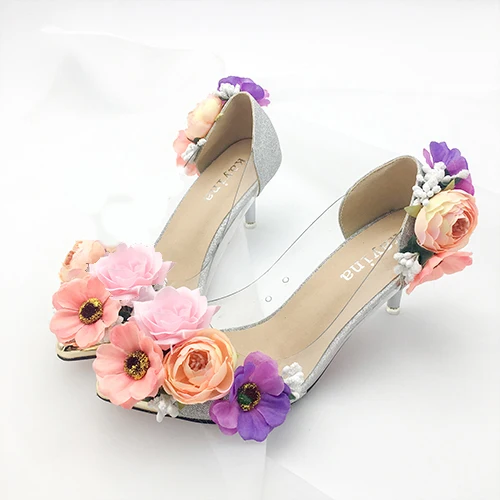 Свадебные туфли с цветами для невесты, с заостренным носком, со стразами, жемчугом, для свадебного банкета, фотосессии, для ночного клуба - Цвет: pink flower no fairy