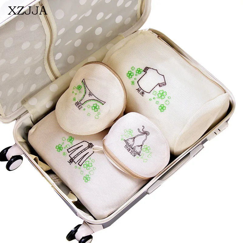 XZJJA تطريز أنيق سستة حقيبة الغسيل غسالة غسل حماية شبكة حقيبة السفر الصدرية الملابس تصنف حقيبة التخزين