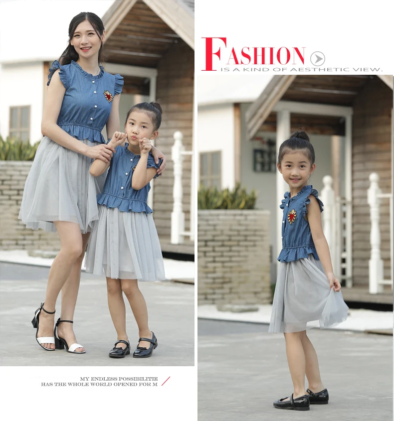 Сетчатое джинсовое платье «Мама и я», одинаковые комплекты для мамы и дочки, семейный стиль, платья для мамы и дочки, одежда в горошек