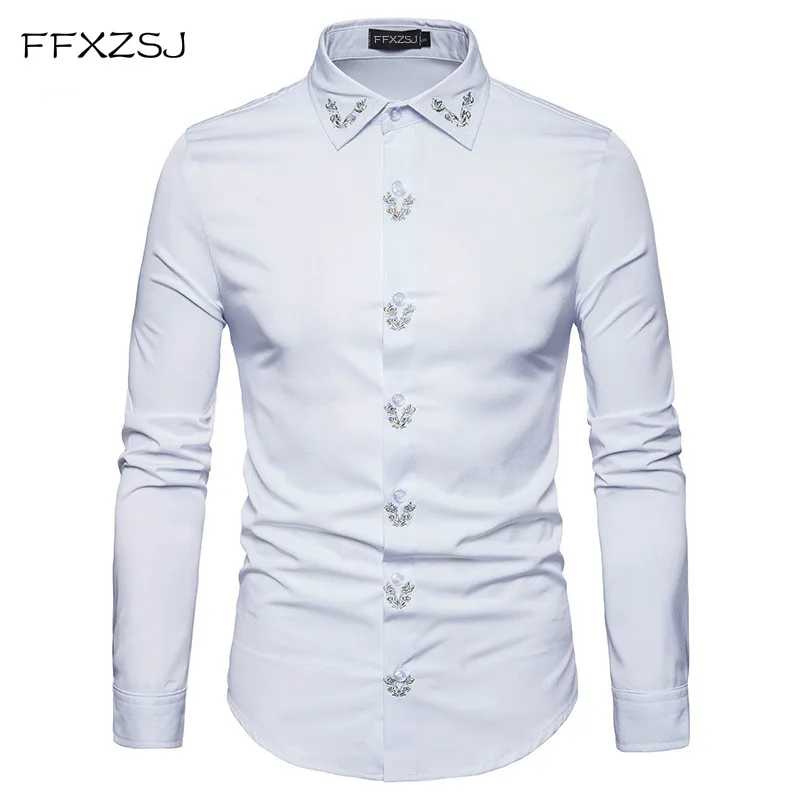 FFXZSJ brand Spring Royal Court Style Solid  Floral  Embroidered  Solid Dress Lapel shirt Slim Fit Casual Long Sleeve men Shirt 