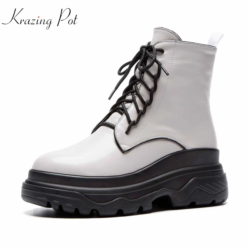 

Krazing Pot genuine leather 2018 new round toe wedges thick bottom motorcycle boots mature vintage leisure women ankle boots L29