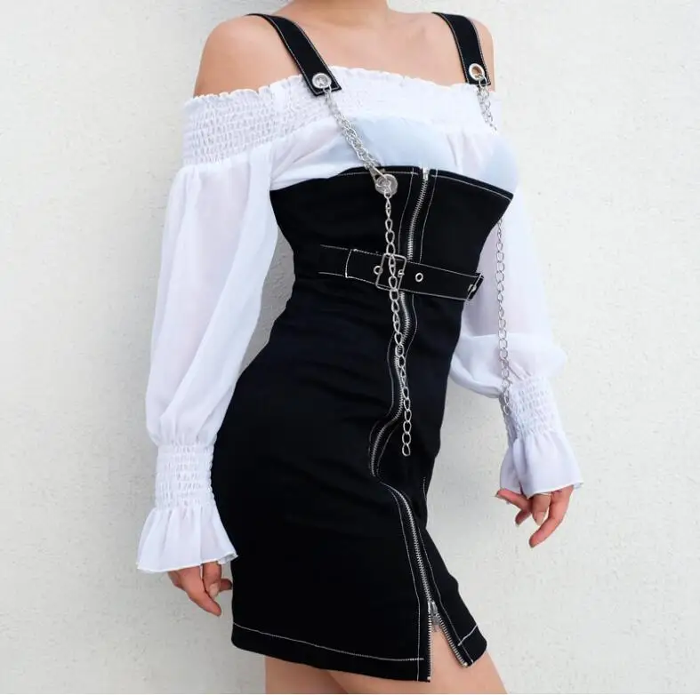 

2018 women's autumn new zipper belt sexy backless dress