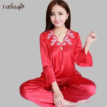 

Pyjamas Women Summer Satin Sleepwear Long Sleeve V-Neck Silk Pajamas For Women Nightwear Pijamas Mujer Plus Size M-XXL E1104