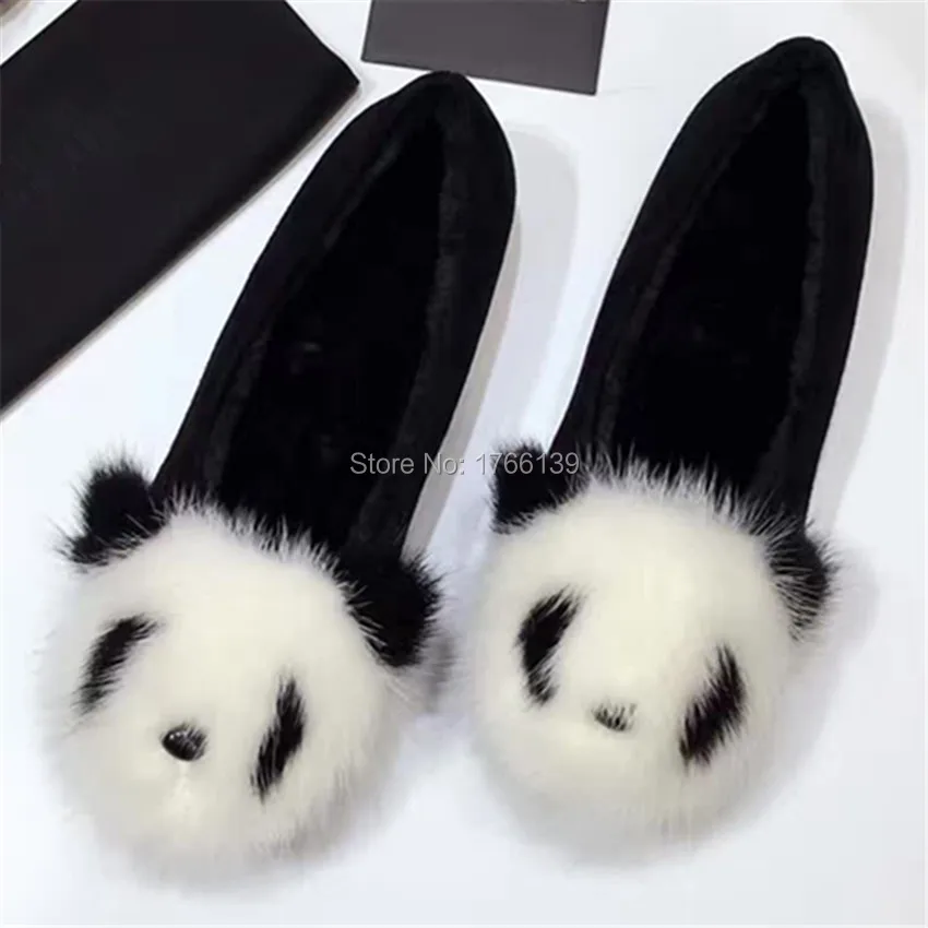 

Cute Panda Design Mink Fur Women Flats Casual Loafers Suede Flat Shoes Woman Ballet Shoes Moccasins Espadrilles