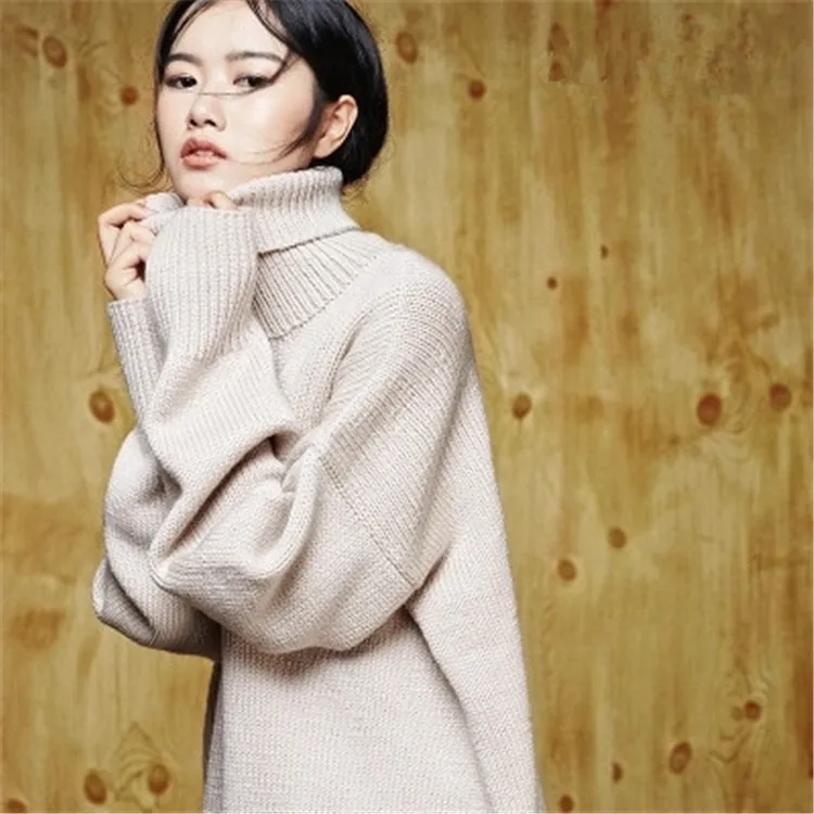  100% hand made pure wool knit women fashion solid turtleneck loose thick pullover sweater white 5co