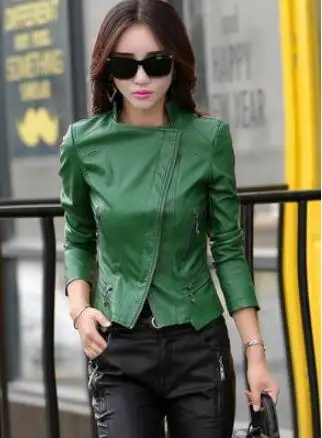 Горячая Новая зимняя куртка из натуральной кожи тонкая Корейская женская кожаная мотоциклетная куртка с круглым вырезом M-3XL - Цвет: Зеленый