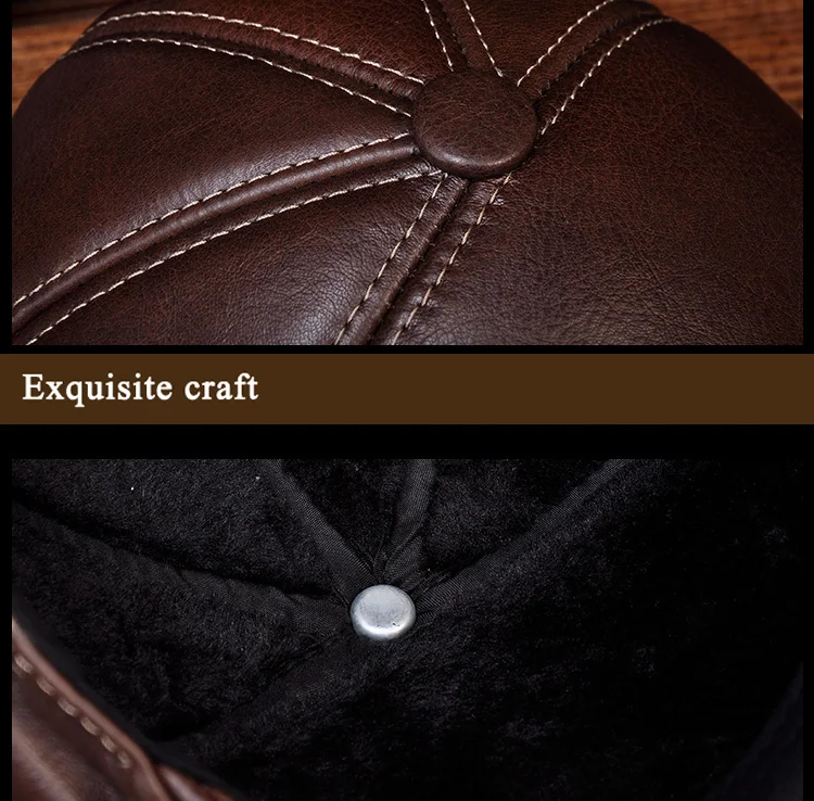 Man Eldly Dad Head Warm Velvet Boina With Line Ear Flap Hats Real Leather Fitted Thicken Beret Caps 18 19