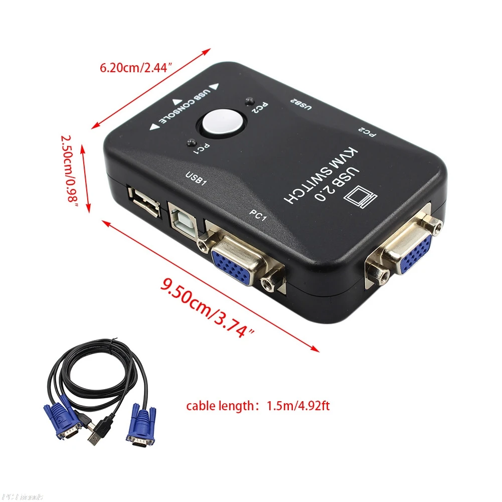  USB2.0 2-Port KVM Switcher Switch Box Mouse/Keyboard/VGA Video Monitor 1920x1440