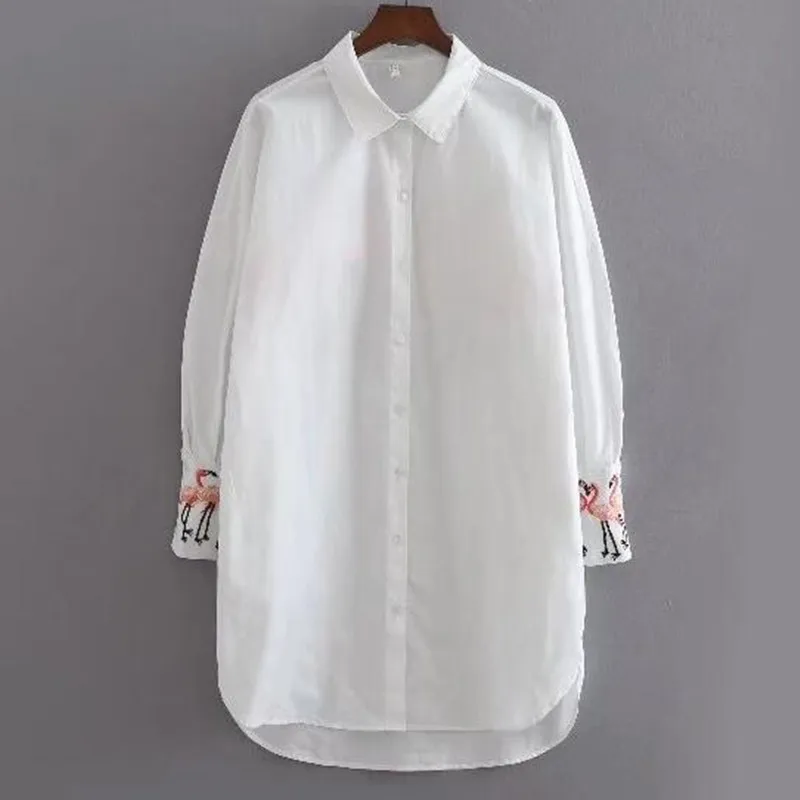 

Chic Flamingo Bird Embroidery Shirt White 2018 New Woman Lapel Long sleeve Mid long Blouse Tops blusas chemise femme blusas
