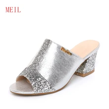 Pano de paetês de Ouro Calcanhar Grosso Sandálias Damas Teenslippers Elegantes Sapatos Confortáveis Bombas Das Sandálias Das Mulheres Sexy Gladiador Dedo Aberto(China)