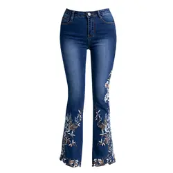 Брендовые брюки с высокой талией узкие расклешенные брюки женские уличная вышивка бисером красивые джинсы синие брюки для беременных