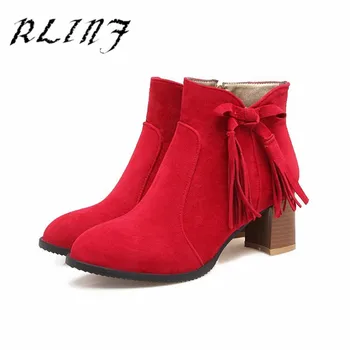 

RLINF New Sweet Bow Women's Boots Tassels with Heel Ankle Boots Ankle Boots