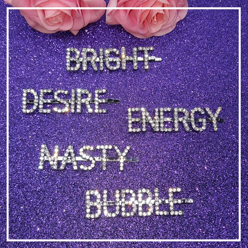 

Top Popular Hairclips Blingbling Girls Word Bobby Pins Hairslide "BRIGHT" "DESIRE" "NASTY" "ENERGY" "BUBBLE" 5 Words Available