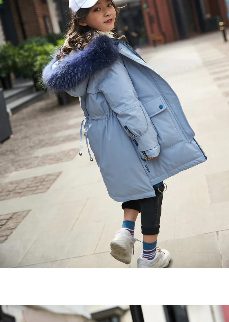 Для девочек зимняя куртка-пуховик парка девочек 80% пуховик с натуральным мехом,-30 градусов зимняя одежда для девочек плотное пальто с натуральным мехом, пуховое пальто для детей
